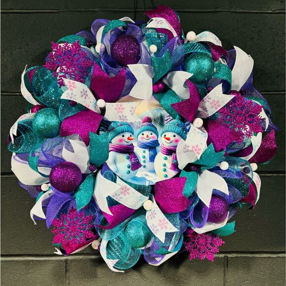 Purple And Teal Winter Wreath Christmas Snowman 24 Inch Handmade Deco Mesh - Picture 1 of 8